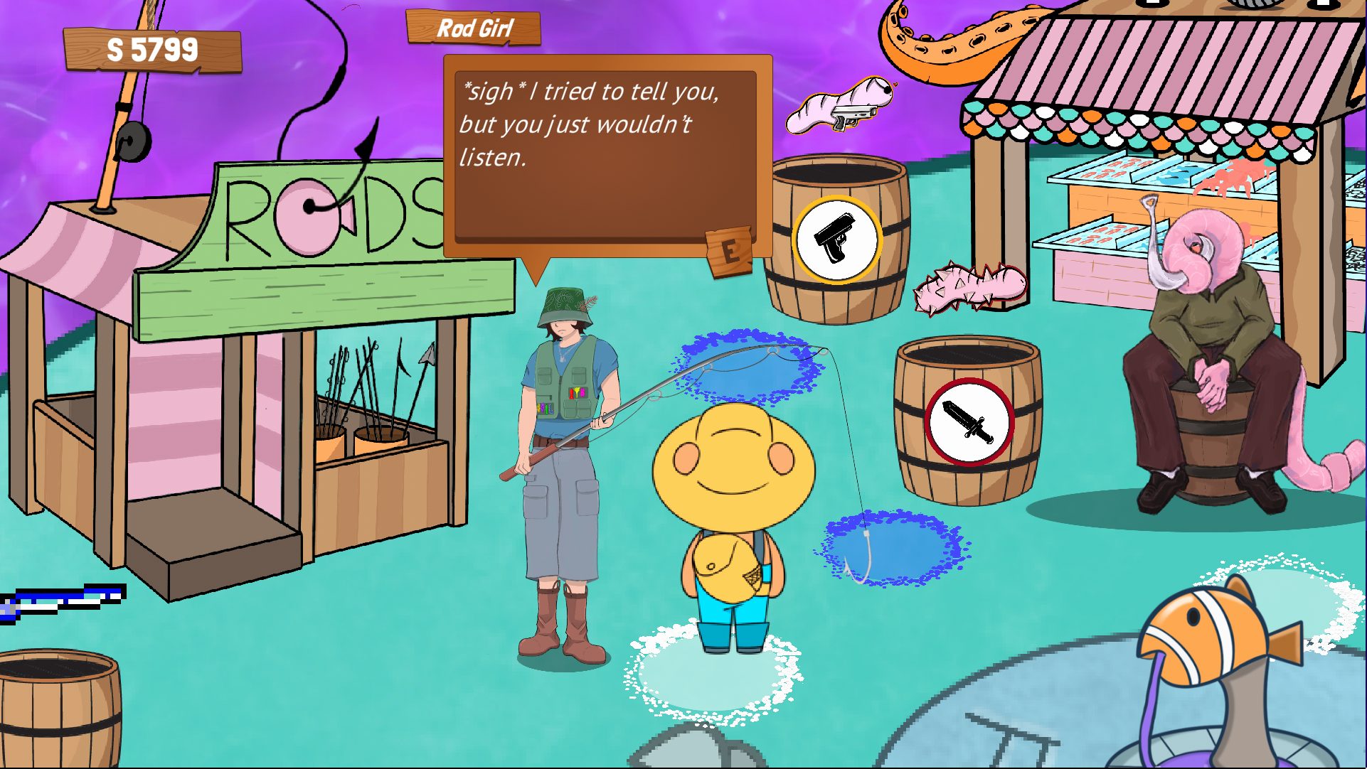 Here, Rod Girl is reacting to the player having been defeated once by the third boss. Conversations are sorted into categories and priority values behind
                                 the scenes to make NPCs feel aware of what's going on, and even develop as characters, throughout the game.