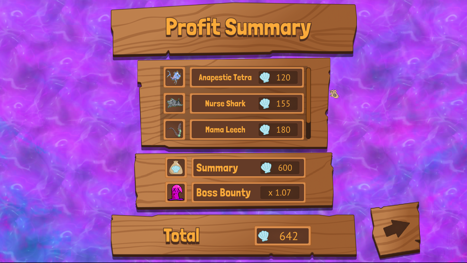 When you lose a fight, you sell all your fish for shells to keep getting upgrades, and the cycle begins again!