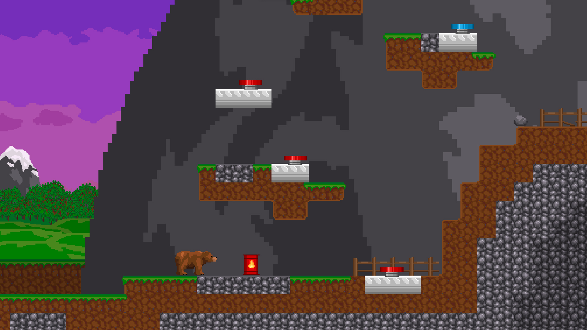 A spring's the thing for a good platforming challenge! The sky changes over time to give the impression of a sunset.
