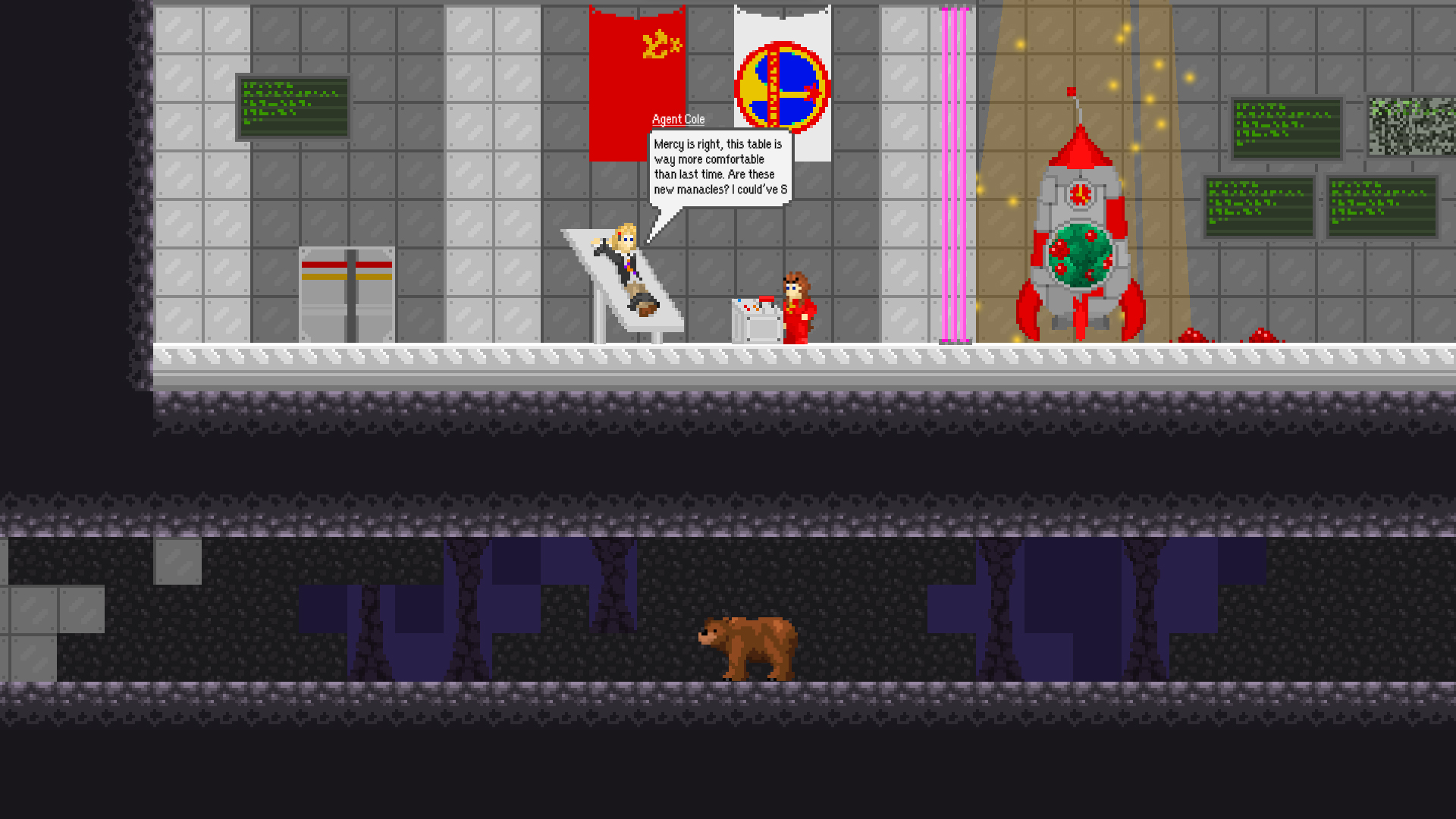 When you sneak into the mountain looking for your berries, there's something going on in the base above. You can sit and listen,
                     or just ignore it and walk past! You're a bear, after all, and human things don't bother you much.