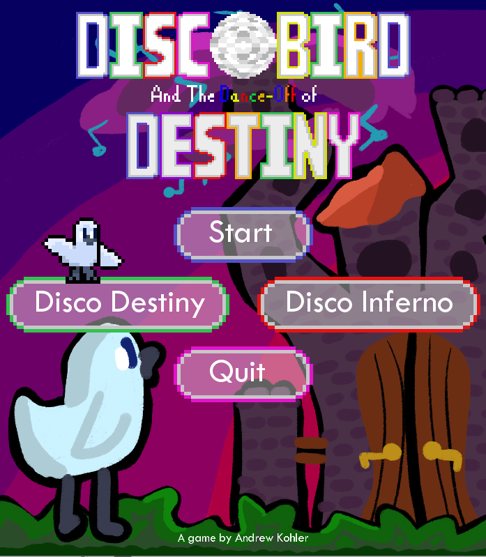 The title screen for Dance Off Of Destiny. As part of the assignment, we needed 2 difficulty modes, so I programmed a separate campaign with new content!