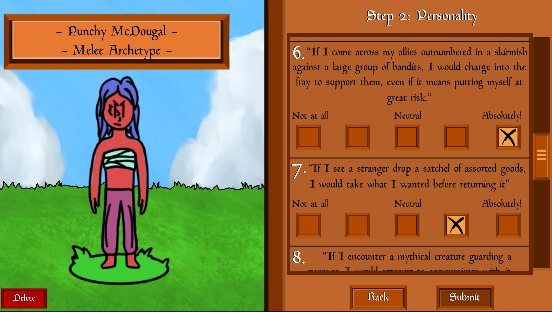 In Orange Version, a series of in-character questions determine your character's personality.