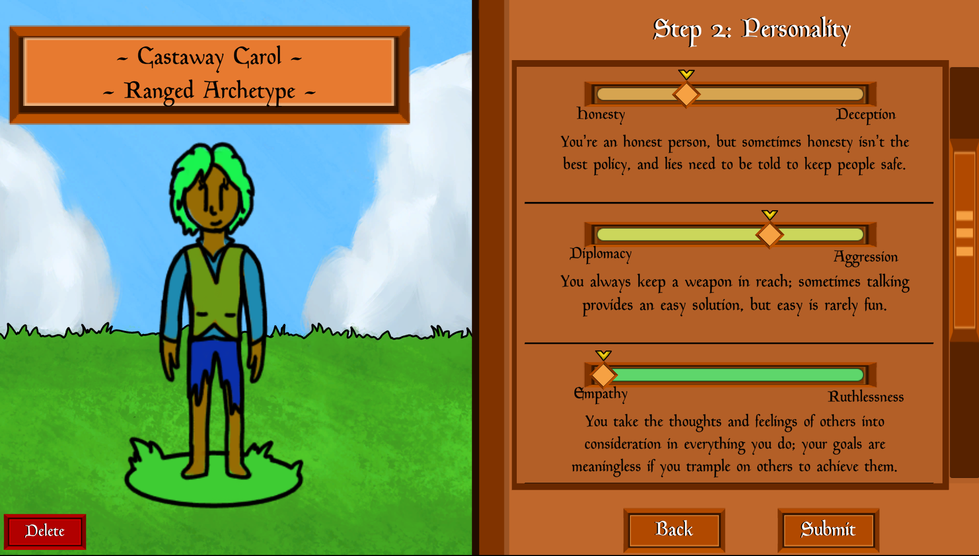 In Blue Version, you can move personality sliders directly, and the descriptions below each slider 
                     change to help you understand what different slider positions mean for your character.