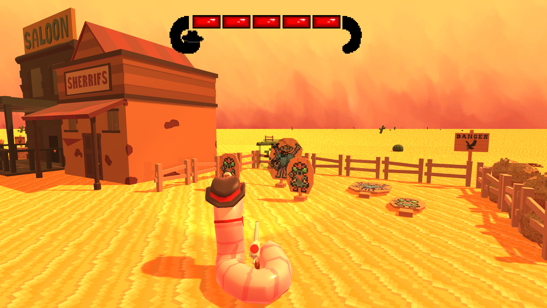 The hub world - The Town With A Name That Nobody Knows - provides a space for the player to become acquainted with the moving and shooting controls.