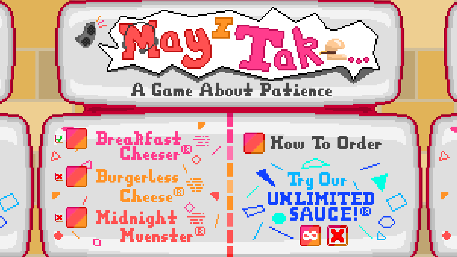 The main menu is styled after a fast food menu and has 3 levels; the levels get harder by adding more keys to the pool you have to type from.