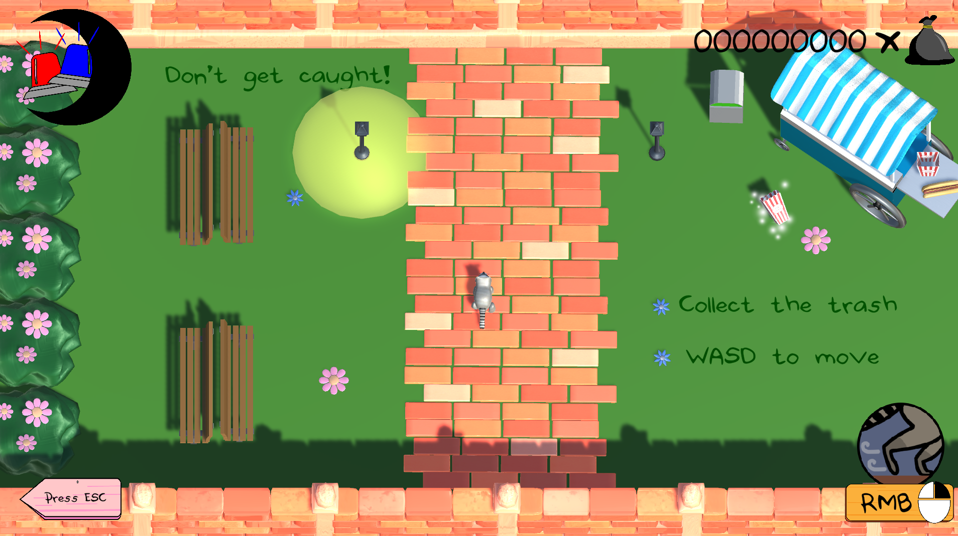 The tutorial area allows players to learn everything about the game with no consequences: trash is worth points, and standing in lights
                                 makes your detection meter increase, which will lead to a game over if it becomes full.