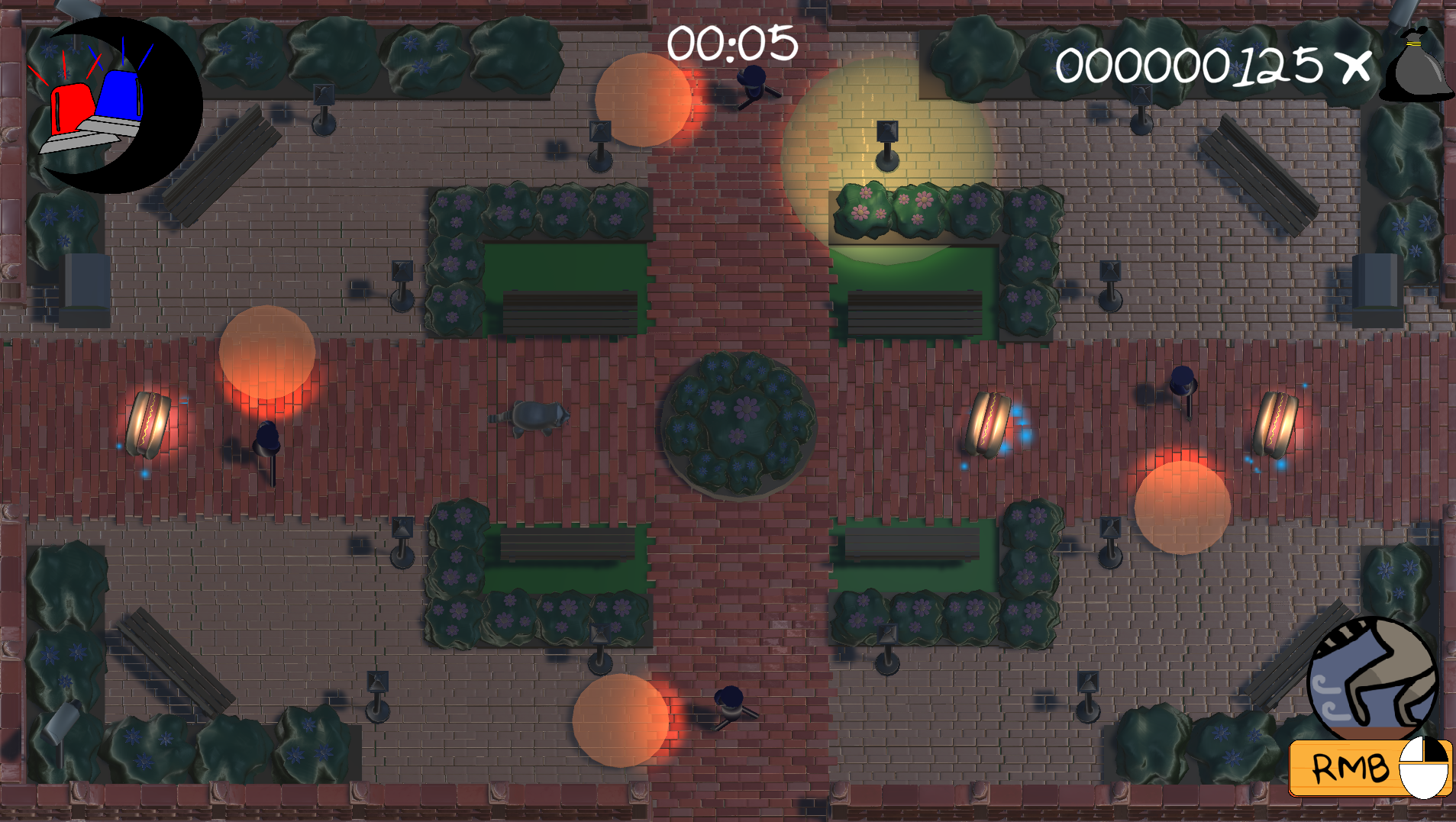 In the game level, things start out simply. Each time you pick up all the availible trash, a new configuration of more will spawn,
                                 and as time goes on and you collect more trash, more security measures enter the arena.