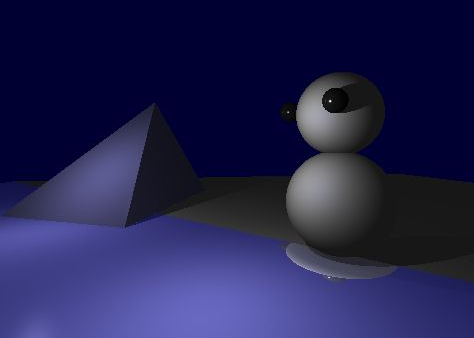 A snowman in a snowbound, raytraced land...