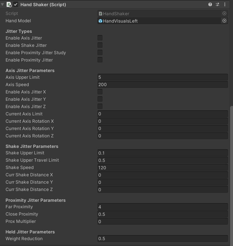 The full inspector panel of control and measurement variables for configuring hand jitter.