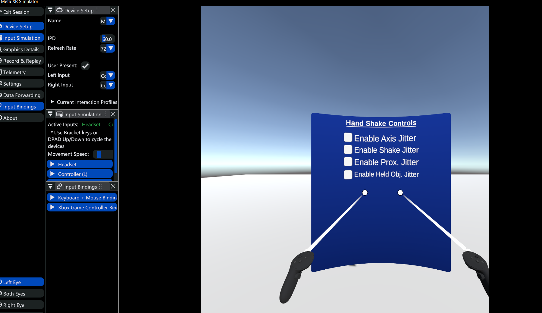 The in-application configuration panel for setting up the conditions of a test.
